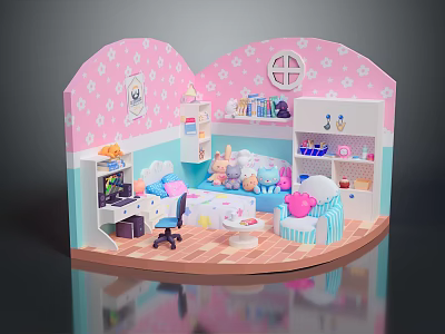 Cartoon Room Dollhouse With Pink Blue Decor Stuffed Toys Bookshelf Sofa And Computer Desk 3d model