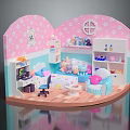 Cartoon Room Dollhouse With Pink Blue Decor Stuffed Toys Bookshelf Sofa And Computer Desk