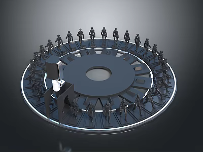 Circular Equipment Structure With Human Silhouettes Around Central Hole And Illuminated Base Edge 3d model