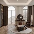 Elegant Modern Walk-in Closet Interior With Glass Doors Wooden Flooring Round Stool And Storage Cabinets
