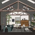 Cozy Living Room Interior With Wooden Roof Trusses Skylights Sofa Coffee Table And Large Plants