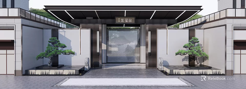 Chinese Style Modern Entrance Gate With Landscape Screen Stone Lanterns And Pine Trees 3d model 