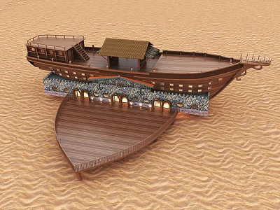 Wooden Ship Model With Deck Hut Stones And Wavy Sandy Surface 3d model