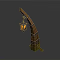 Wooden Curved Street Lamp With Hanging Lantern And Metal Accents
