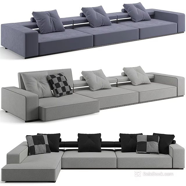 Modern Modular Sofa Set In Gray And Blue With Multiple Checkerboard Pattern Pillows 3d model