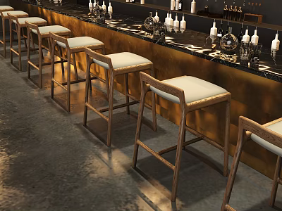 Row of Wooden Bar Stools With White Cushions At Modern Bar Counter 3d model