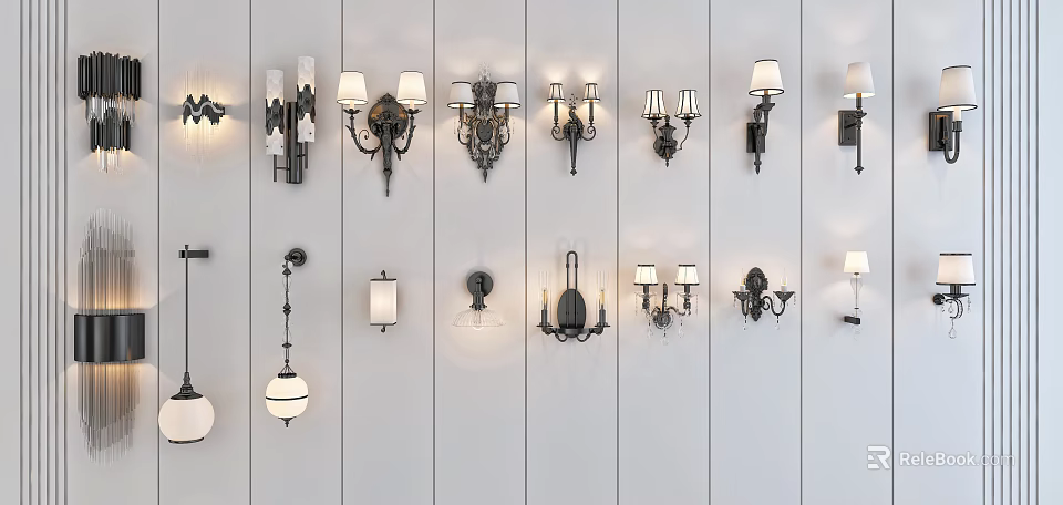 Stylish Wall Lights in Various Designs Mounted on White Wall 3d model