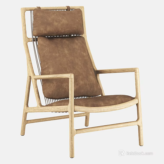Stylish Leisure Chair with Wooden Frame Brown Upholstered Seat and Woven Backrest 3d model 