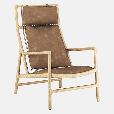 Stylish Leisure Chair with Wooden Frame Brown Upholstered Seat and Woven Backrest 3d model