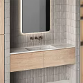 Modern Washbasin Area with Wooden Cabinet Gray Tile Wall Mirror and Gold Shelf