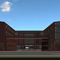Modern School Building With Red Brick Exterior Large Glass Windows Symmetrical Entrance And Green Lawn