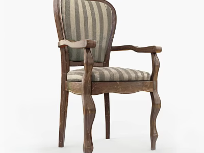 Classic Wooden Frame Leisure Chair With Striped Fabric Seat Armrests And Curved Legs 3d model