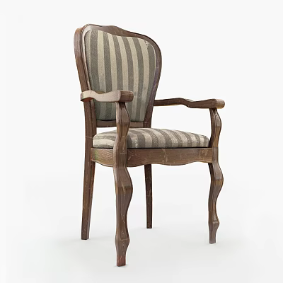 Classic Wooden Frame Leisure Chair With Striped Fabric Seat Armrests And Curved Legs 3d model