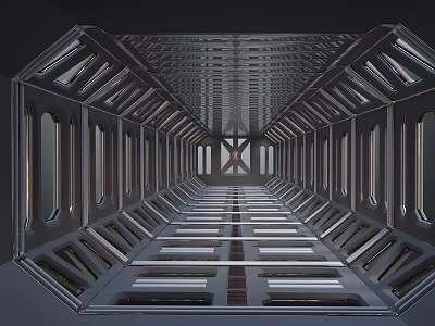 Cartoon Scene Of Futuristic Corridor With Metal Frames Symmetric Windows And Long Passage 3d model