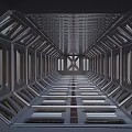Cartoon Scene Of Futuristic Corridor With Metal Frames Symmetric Windows And Long Passage