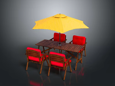 Outdoor Dining Set Featuring Wooden Table Red Chairs And Yellow Umbrella 3d model