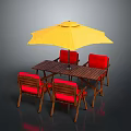 Outdoor Dining Set Featuring Wooden Table Red Chairs And Yellow Umbrella