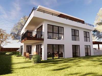 Modern Detached Villa With White Exterior Large Windows Balcony Green Lawn And Outdoor Furniture 3d model