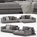 Modern Gray Sectional Sofa With Soft Fabric Multiple Pillows And Throw Blanket 3d model