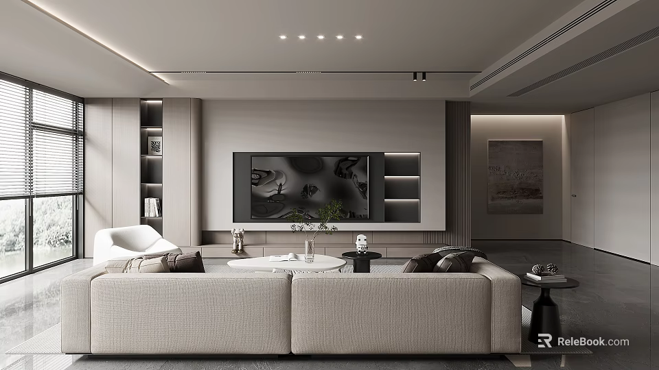 Modern Living Room Interior Design With Large Sofa TV Wall And Bookshelves 3d model 