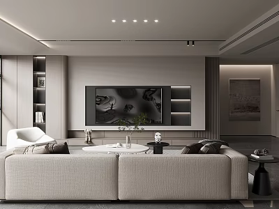 Modern Living Room Interior Design With Large Sofa TV Wall And Bookshelves 3d model