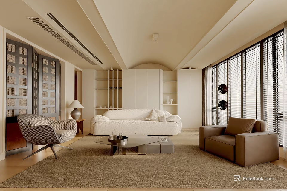 Modern Living Room Design With White Sofa Brown Armchair Rug And Large Windows 3d model 