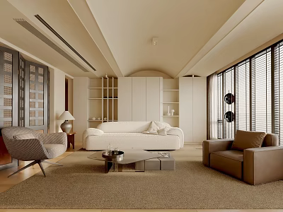Modern Living Room Design With White Sofa Brown Armchair Rug And Large Windows 3d model