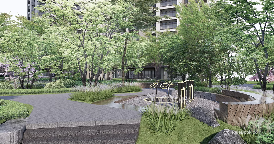 Residential Landscape With High Rise Buildings Lush Green Trees Stone Pathway Grass And Water Fountain 3d model 