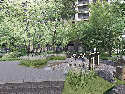 Residential Landscape With High Rise Buildings Lush Green Trees Stone Pathway Grass And Water Fountain 3d model