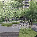 Residential Landscape With High Rise Buildings Lush Green Trees Stone Pathway Grass And Water Fountain