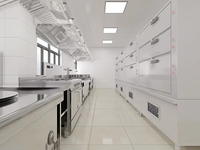 Spacious Commercial Kitchen Interior Design With Stainless Steel Countertops White Tile Walls And Cabinets 3d model