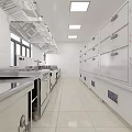Spacious Commercial Kitchen Interior Design With Stainless Steel Countertops White Tile Walls And Cabinets