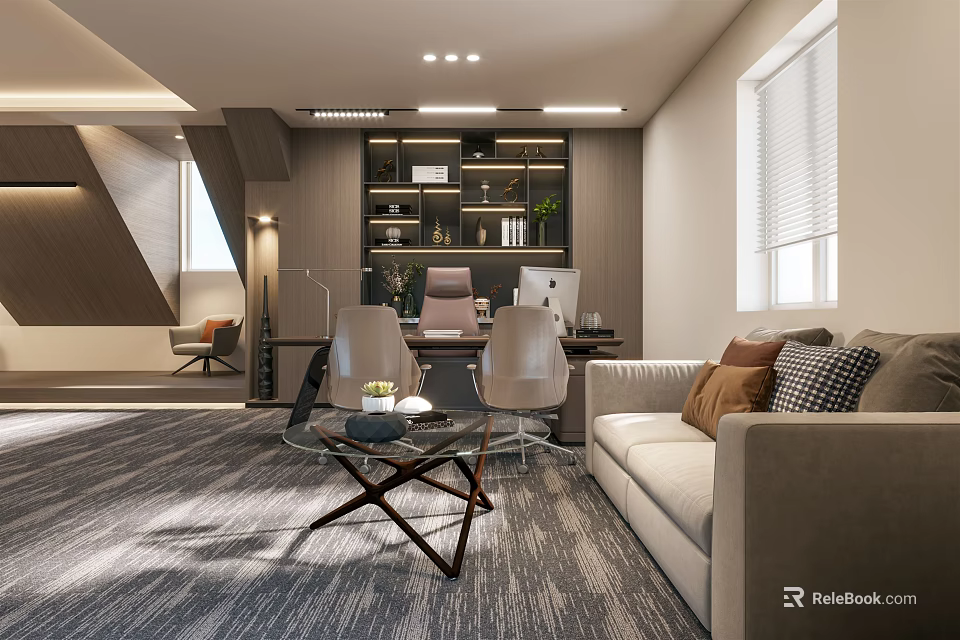 Modern Office Interior Design With Sofa Area Work Desk And Bookshelf 3d model