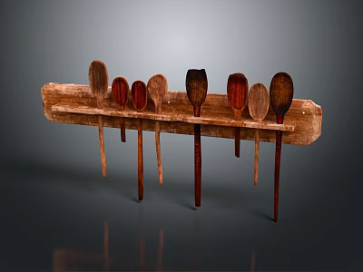 Wooden Kitchen Utensil Set With Various Spoons Hanging On Wooden Board 3d model