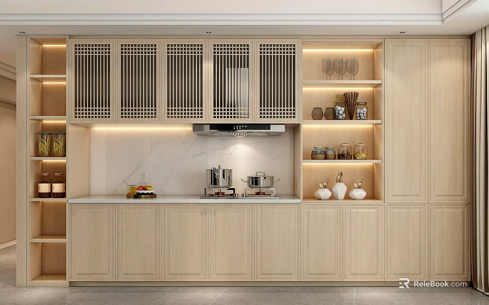 Modern Kitchen Design With Light Wood Lattice Door Cabinets Marble Countertop And Open Shelves 3d model 