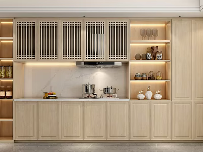 Modern Kitchen Design With Light Wood Lattice Door Cabinets Marble Countertop And Open Shelves 3d model
