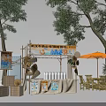 Modern Automobile Company Promotion Booth With Posters Tables Chairs And Yellow Umbrella