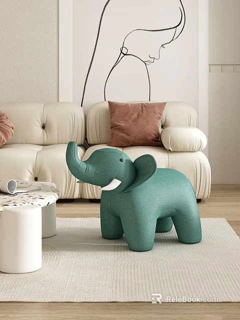 Teal Elephant Plush Toy in Living Room with Beige Sofa Brown Pillow and Wooden Floor 3d model 