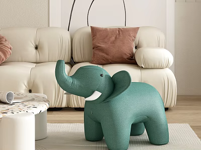Teal Elephant Plush Toy in Living Room with Beige Sofa Brown Pillow and Wooden Floor 3d model