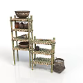 Rustic Bamboo Multi Tiered Shelf With Ceramic Bowls And Handmade Baskets 3d model