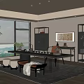 Modern Open Tea Room with Wooden Flooring Large Windows Blinds Green Plants and Long Table
