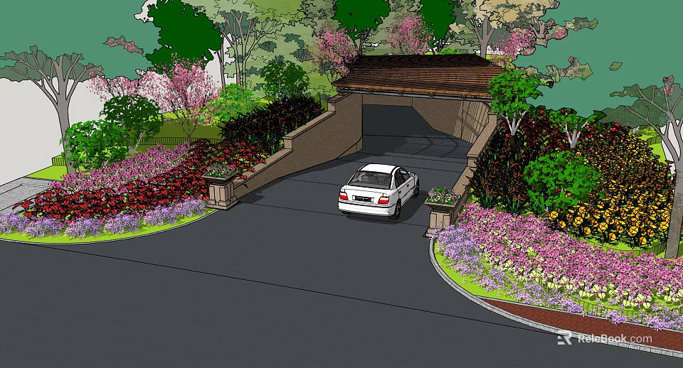 Scenic Garden Entrance With White Car Parked Surrounded By Green Plants And Flowers 3d model 