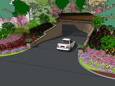 Scenic Garden Entrance With White Car Parked Surrounded By Green Plants And Flowers 3d model