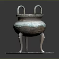 Ancient Bronze Ding With Intricate Carvings Two Handles Three Legs On Square Base