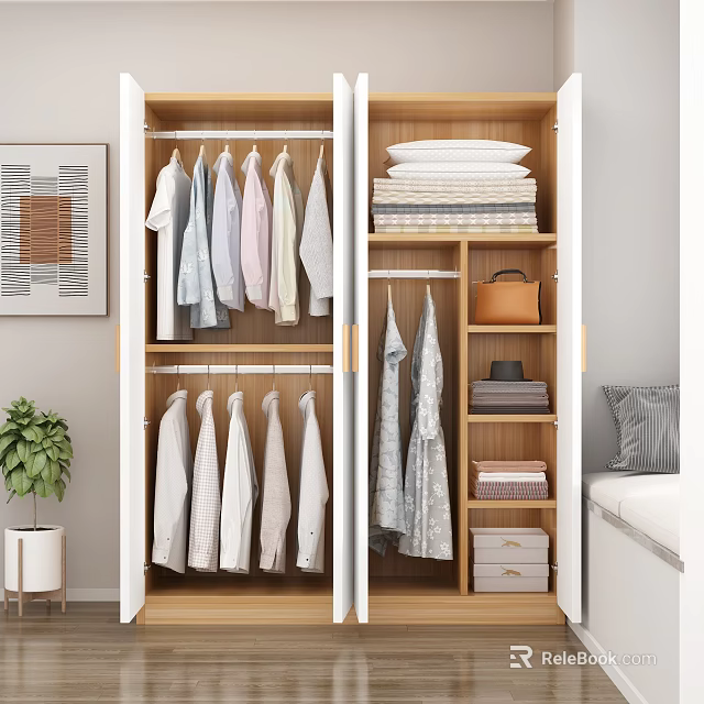 Modern Minimalist Wardrobe Interior With Hanging Shirts Folded Clothes And Storage Boxes 3d model
