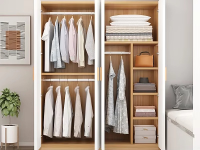 Modern Minimalist Wardrobe Interior With Hanging Shirts Folded Clothes And Storage Boxes 3d model