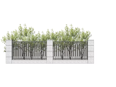Modern Landscape Wall Design With Black Metal Railings Stone Base And Green Trees 3d model