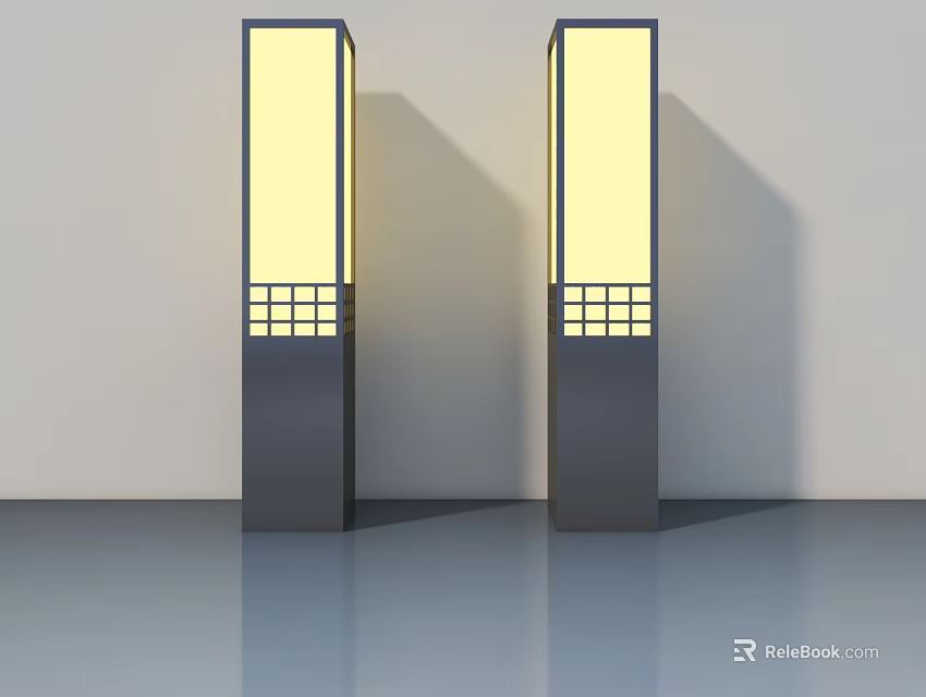 Two Modern Outdoor Lights With Black Pillars And Illuminated Grid Panels 3d model 