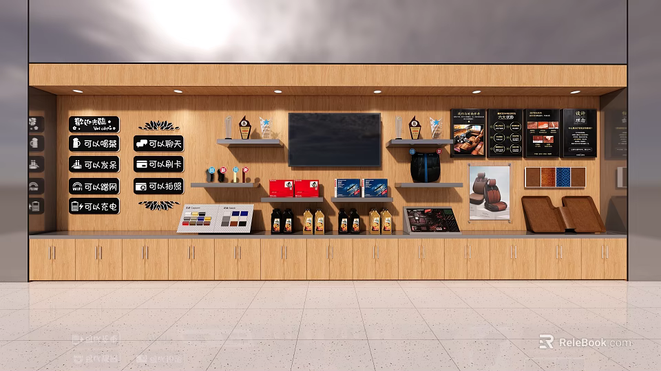 Convenience Store Counter With Wooden Shelves Digital Screen And Product Displays 3d model 