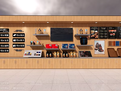 Convenience Store Counter With Wooden Shelves Digital Screen And Product Displays 3d model